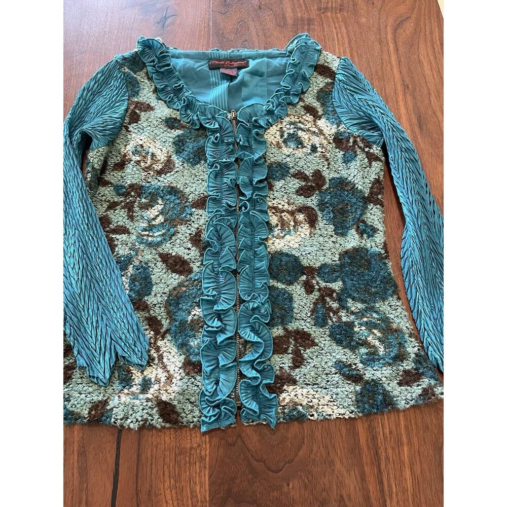 Pleats Collection Sm Womens Blazer blue green full zip floral fancy sleeve